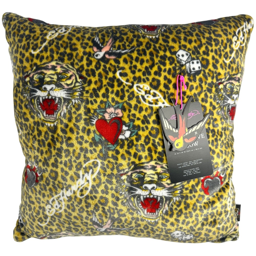 Ed Hardy Decorative‎ Pillow 20x20 Leopard Tiger Tattoo Print Plush Yellow NEW